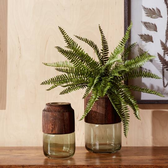 11" Sage Glass Vase with Wood Accent